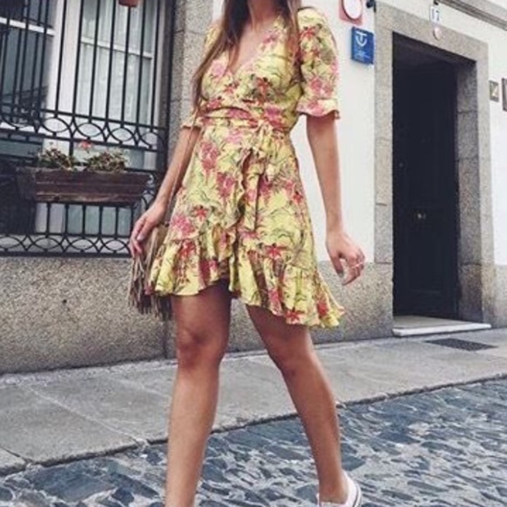 ZARA Red and Yellow Floral Wrap Dress